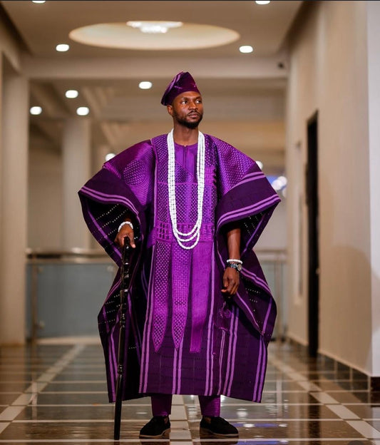 Purple Embroidery Three Piece Agbada