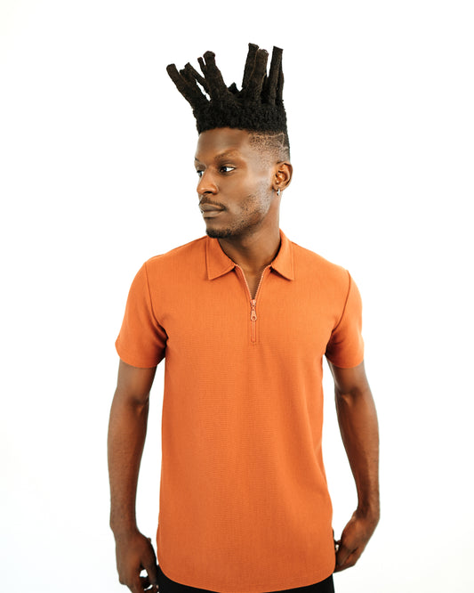 Orange Knitted Zipper Polo