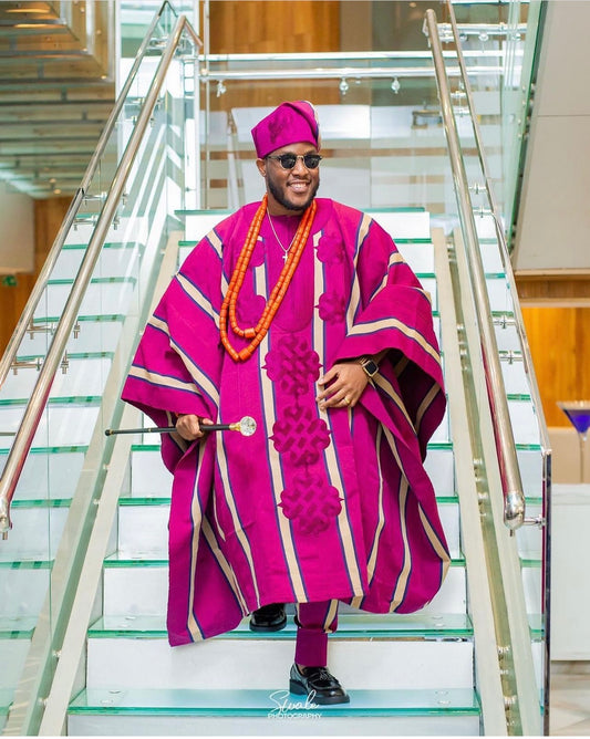 Margenta stripped Aso-oke Agbada