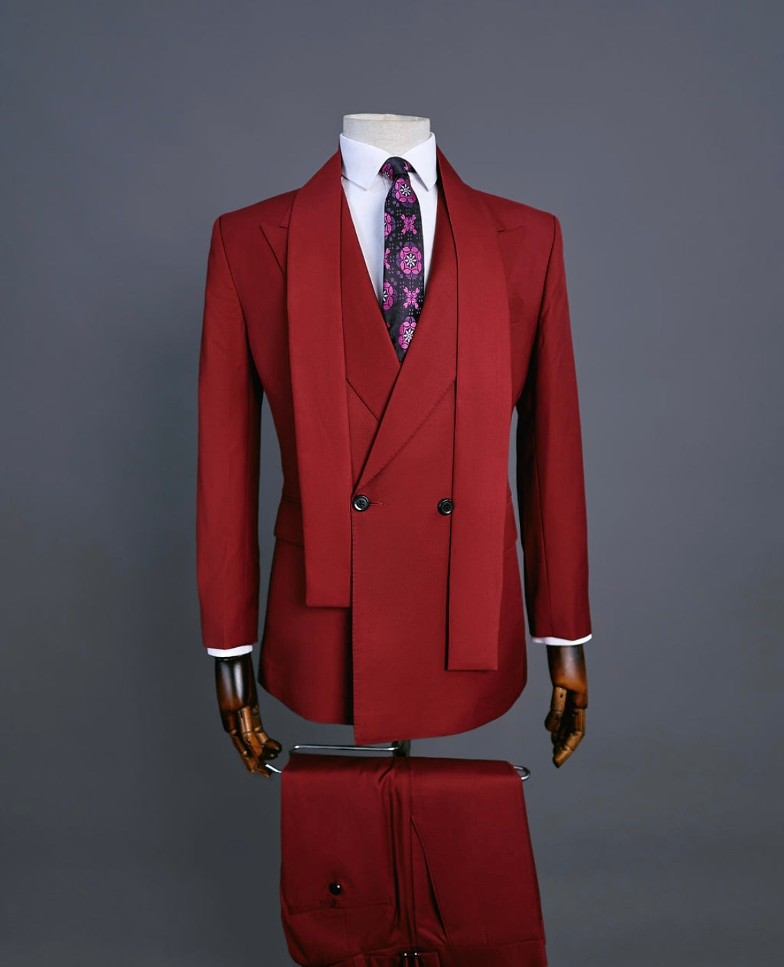 A Wine Red Double Breasted Two Piece Suit