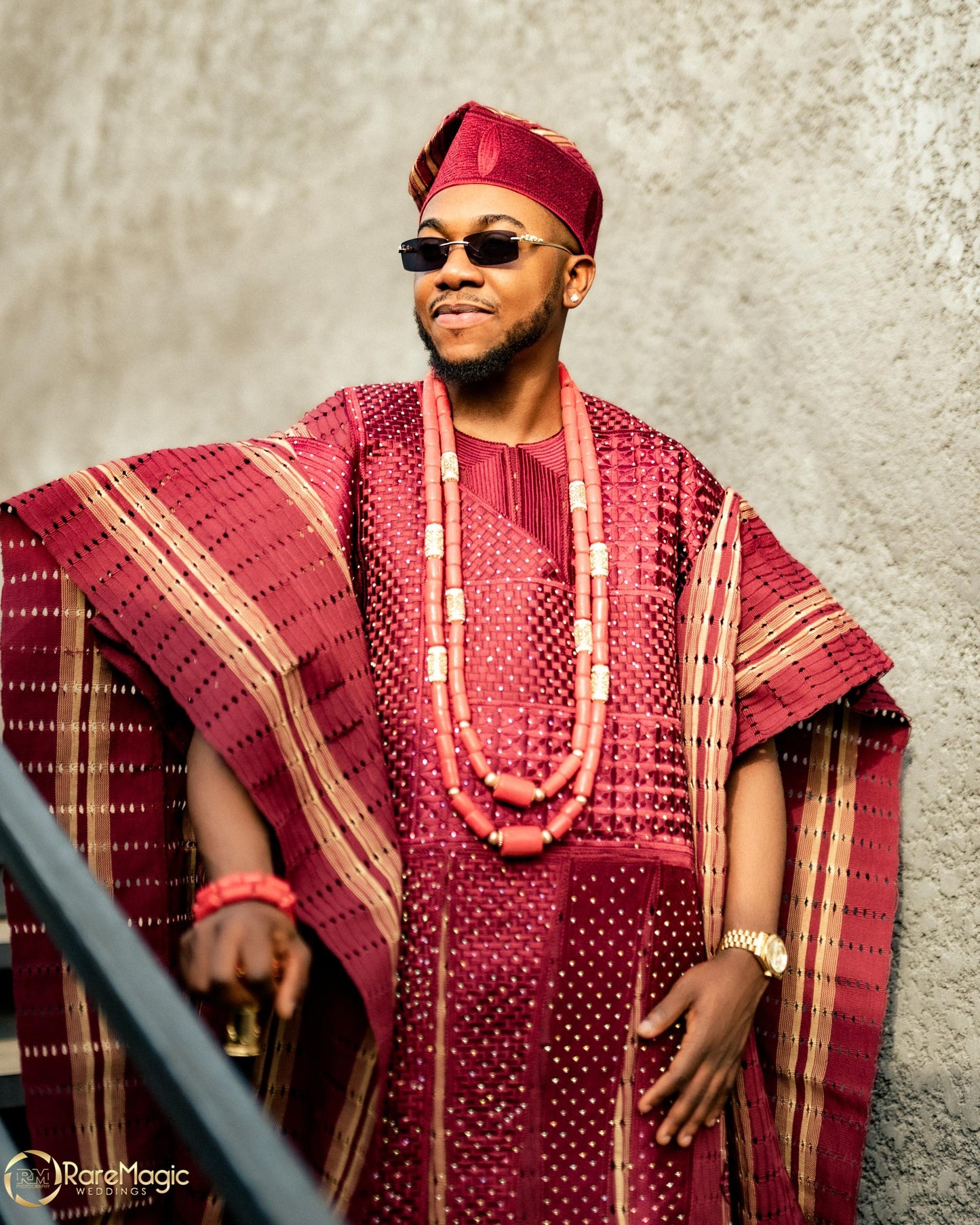 Wine and brown stripped Stoned Aso Oke Agbada