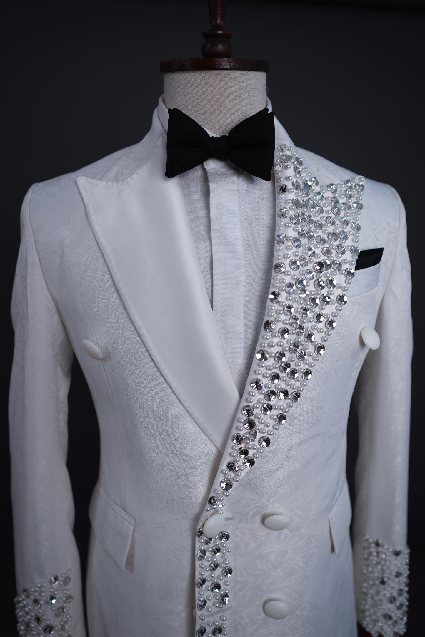 White Jaquard Two Piece tuxedo laced with crystal pearl beads