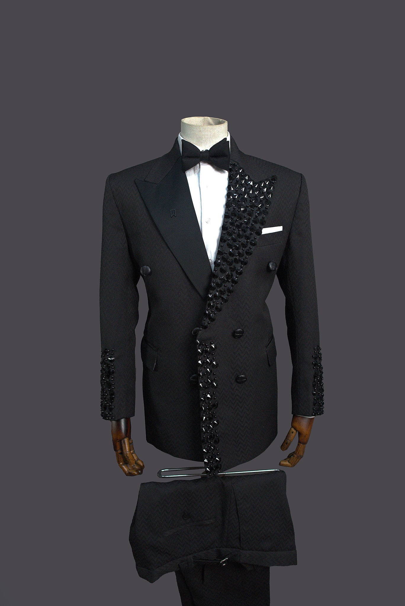 Black Jaquard tuxedo laced with crystal pearl beads