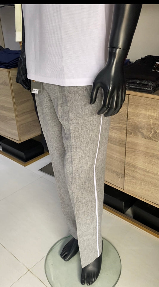 Grey loose fit textured pants with side stripe