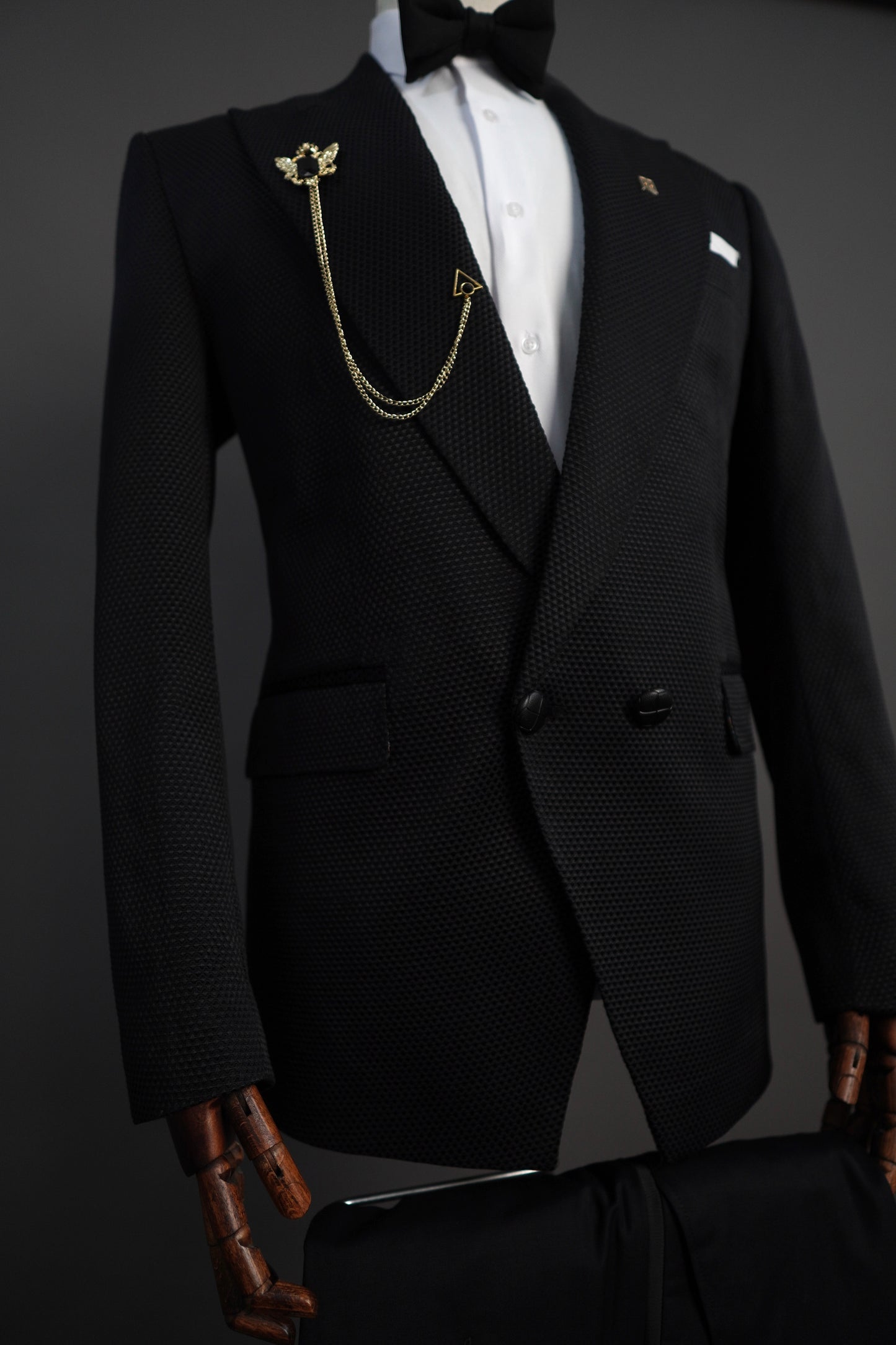 Black Jacquard Semi Double Breasted Tuxedo