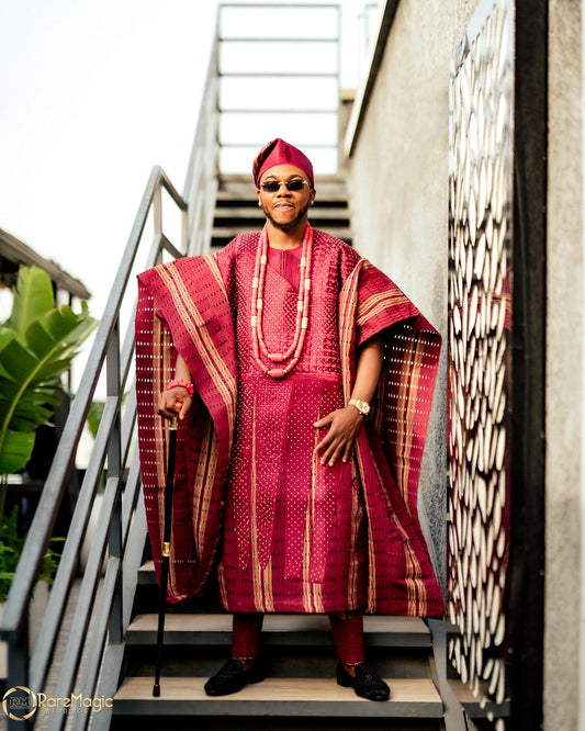 Wine and brown stripped Stoned Aso Oke Agbada