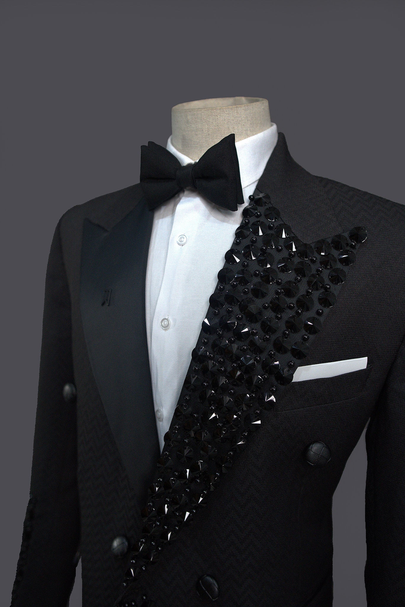 Black Jaquard tuxedo laced with crystal pearl beads