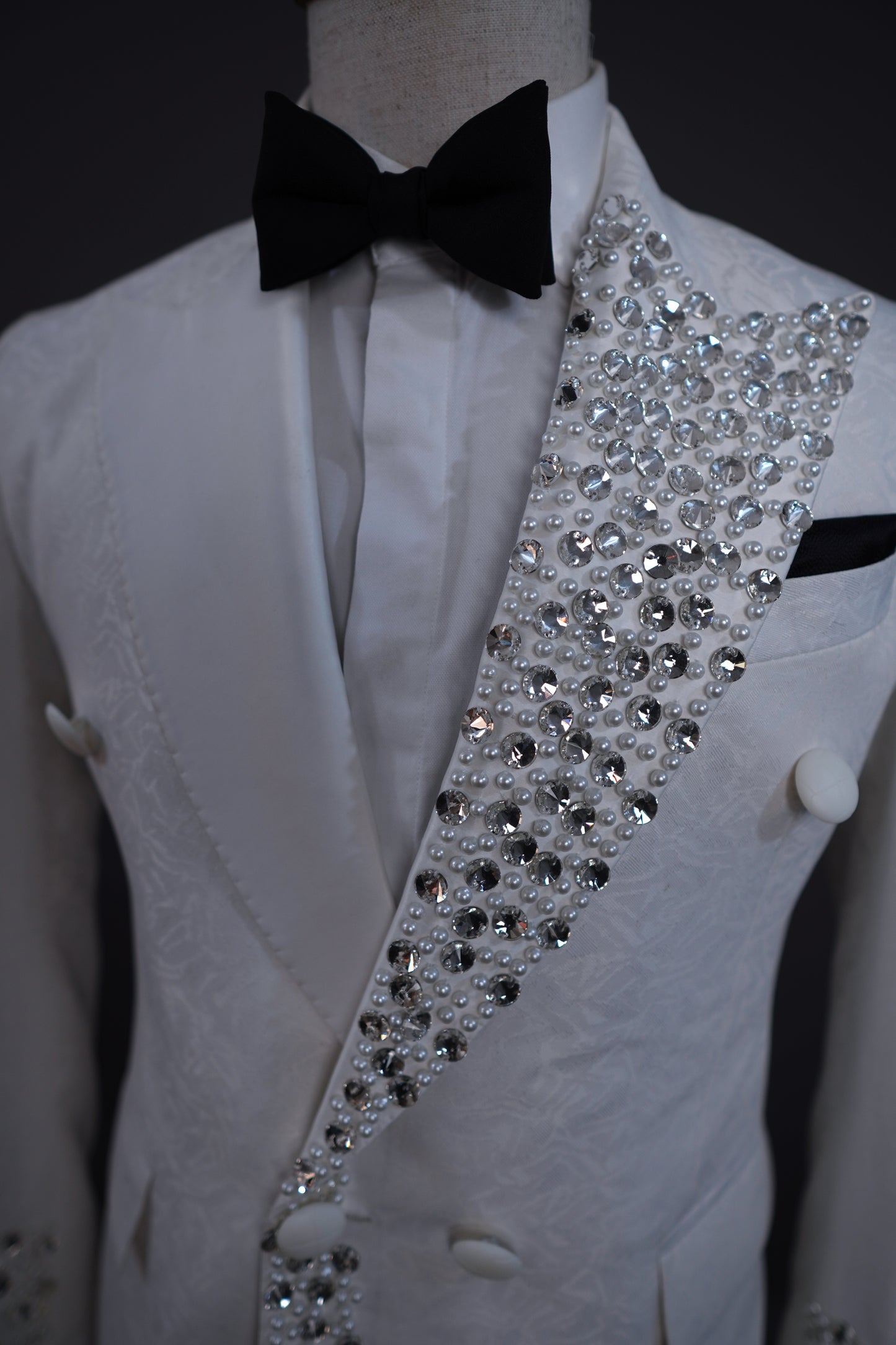 White Jaquard Two Piece tuxedo laced with crystal pearl beads