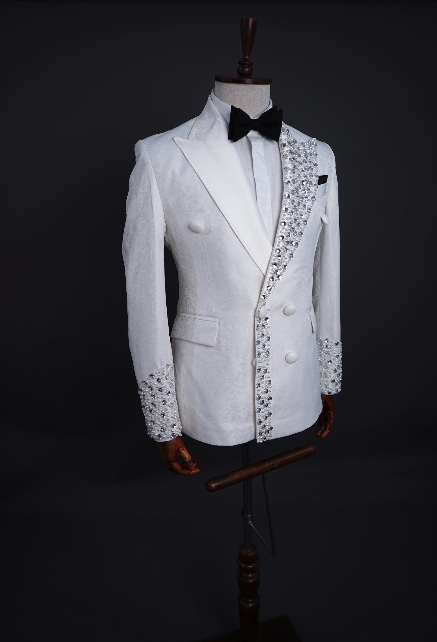 White Jaquard Two Piece tuxedo laced with crystal pearl beads