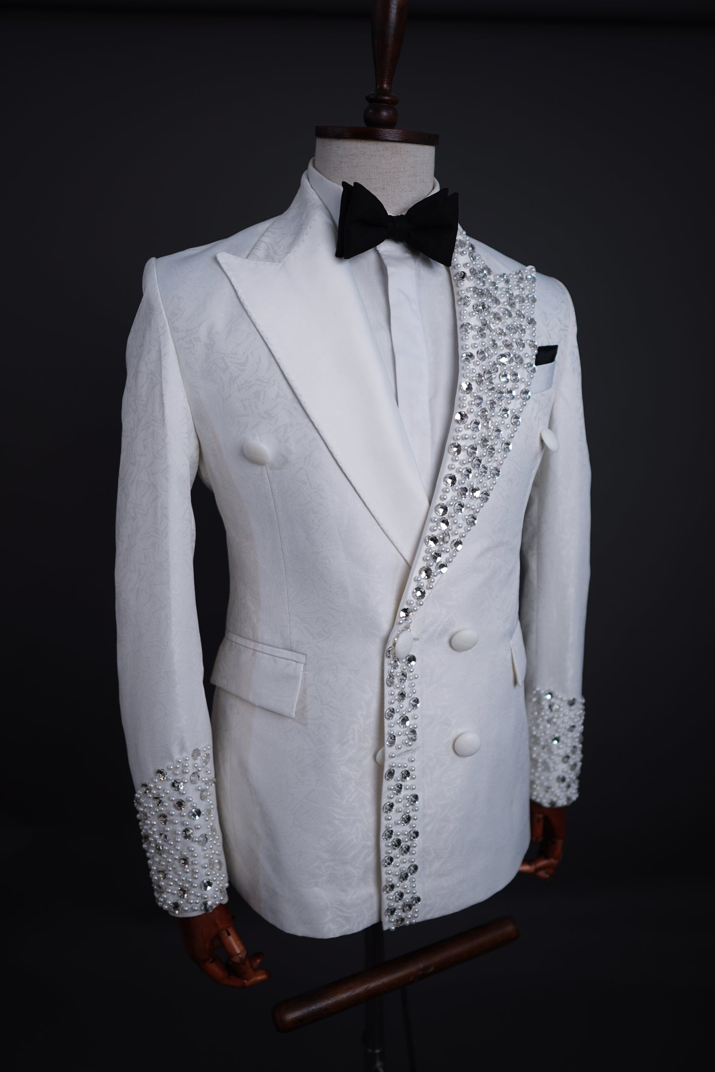 White Jaquard Two Piece tuxedo laced with crystal pearl beads