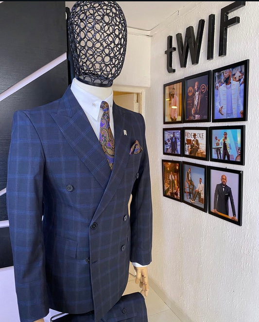 Blue double Breasted Window Pane Check Peak Lapel Two Piece Suit