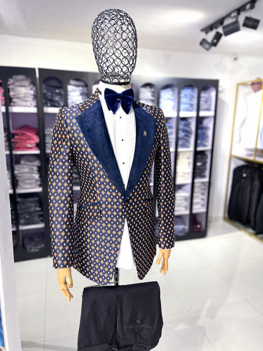 Navy Blue Jacquard Single Breasted Tux