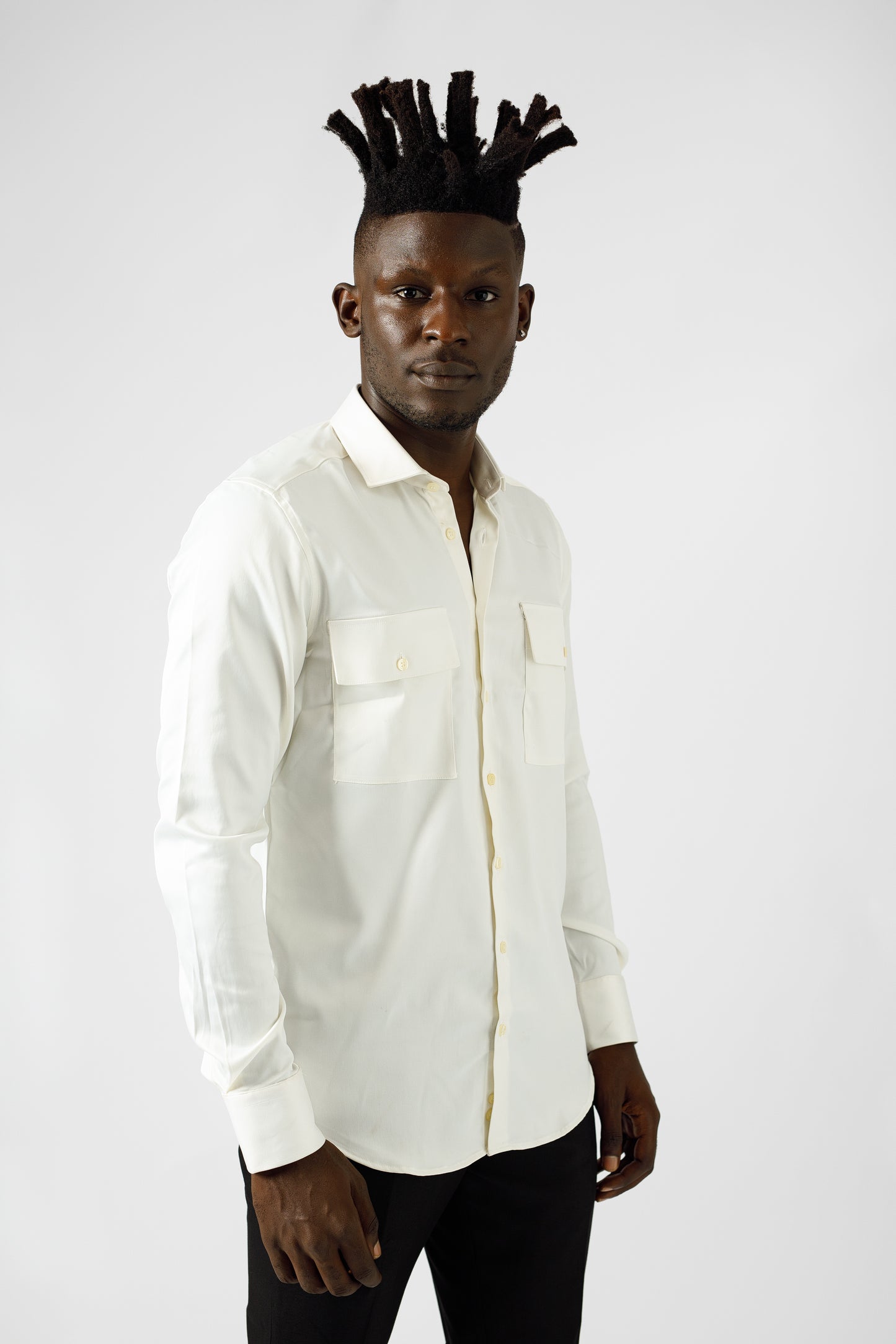 Ivory (off White) Satin Long Sleeve Shirt With double breast Pockets