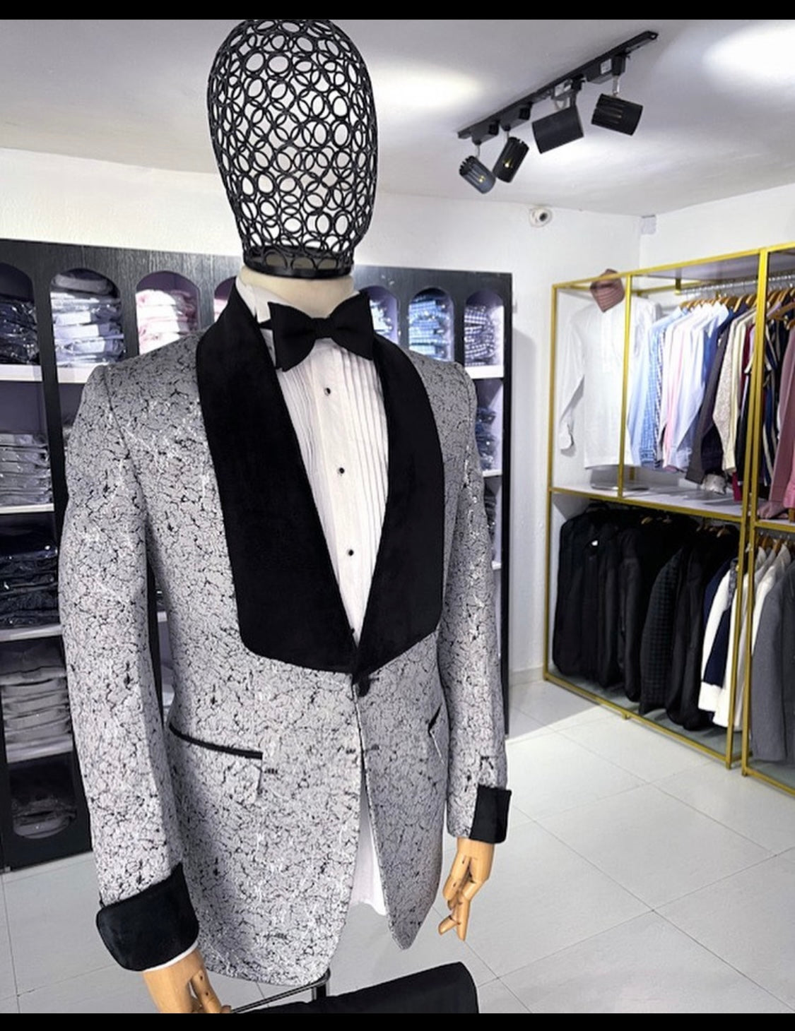 Grey Jacquard Single Breasted Shawl Lapel Tuxedo