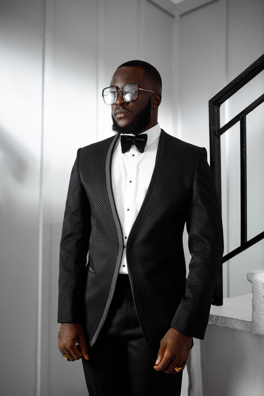 Black Lapeless Jacquard Tux