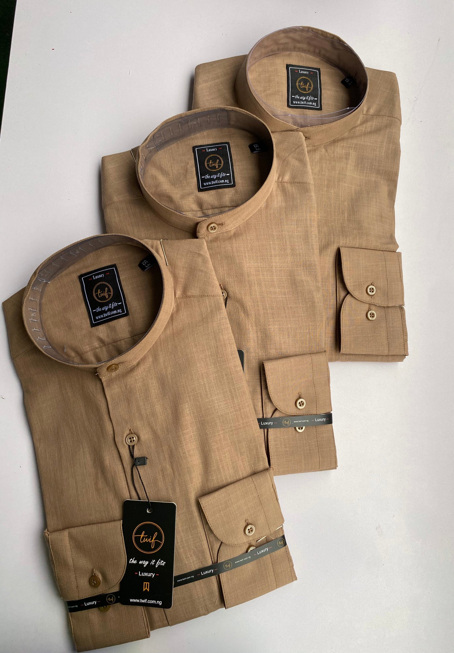 Brown linen bishop collar long sleeve shirt