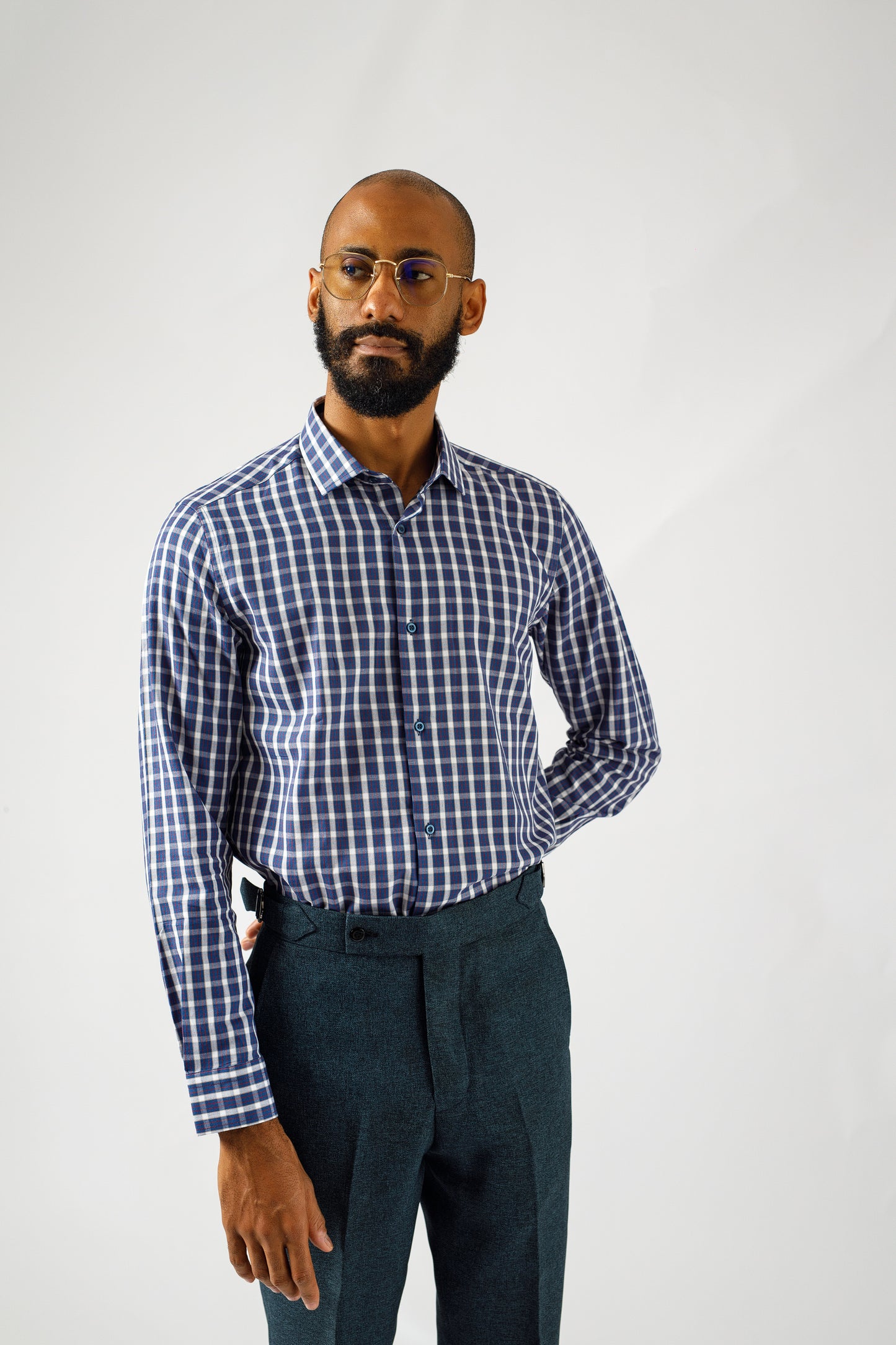 Navy Blue Checkered Collar long sleeve Shirt