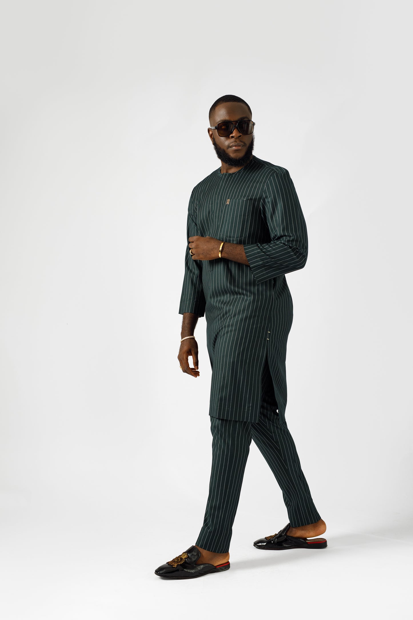 Green stripped three quarter sleeve kaftan (Italian wool) top and trouser