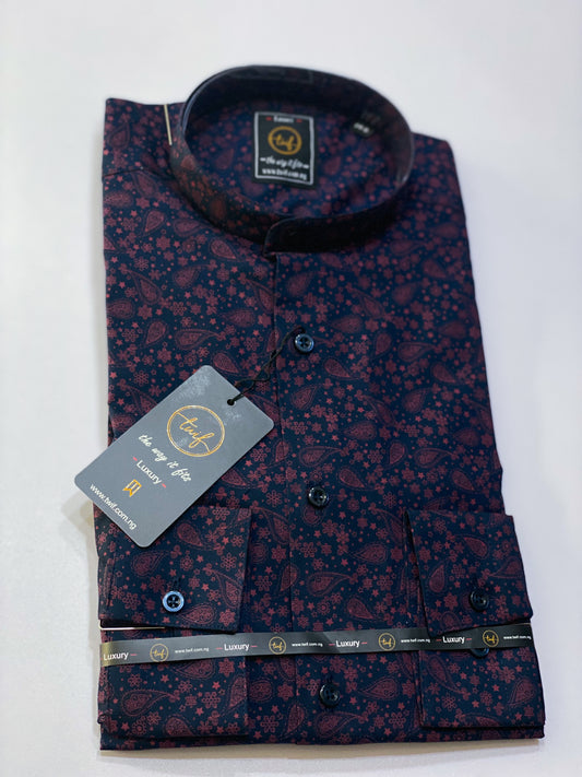 Blue paisley digital print bishop collar shirt