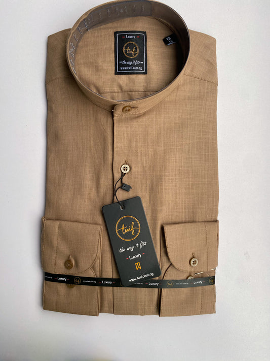 Brown linen bishop collar long sleeve shirt